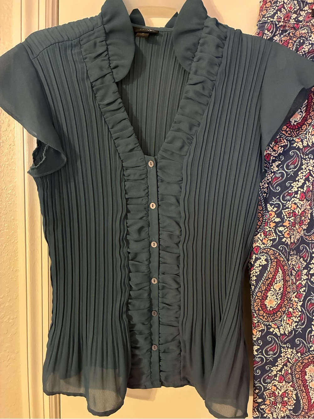 East 5th Dark Teal Pleated Ruffle Button-Front Blouse